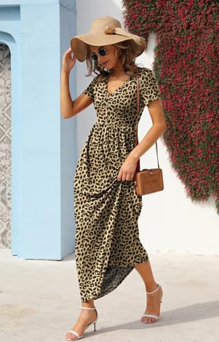 Image of GRECERELLE Womens Summer Long Maxi Dresses 2026 Short Sleeve V Neck Casual Button Dress with Pockets