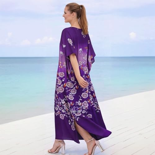 Image of Miss Lavish London Women's Purple Floral Kaftan Dress with Pockets, V Neck Maxi Beach Cover Up, Short Sleeve Batwing Caftan with Side Slits, Plus Size Swimsuit Coverup-Purple-M