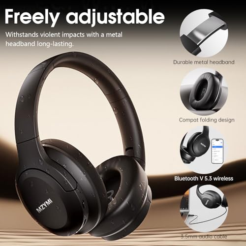 MZYMI Wireless Over Ear BT Headphones, Active Noise Cancelling Headphones, 100H Play Time Bluetooth Headphone with Microphone for Work, Gym, Travel, Game, Black - Image 5