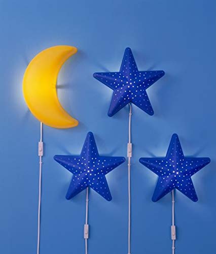 Ikea Children's Blue Star and Moon Wall Lamp with Bulbs Bundle - Includes Three SMILA STJARNA Blue Wall Lamps, 1 SMILA Mane Yellow Wall lamp and Four LED Bulbs
