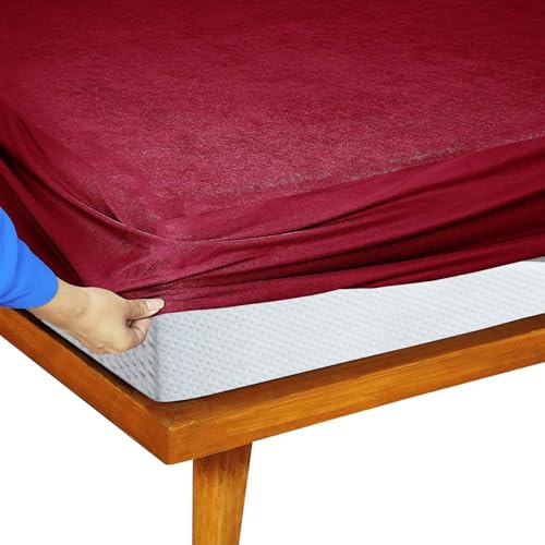 Image of Feelme Mattress Protector King Size Waterproof Mattress Cover for Double Bed Cotton Feel Terry(70x72 Inch / 5.8x6 Feet Maroon) Gadda Cover