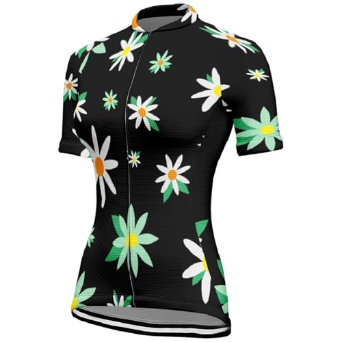 Mateju Transpirable Maillot Ciclismo para Mujer, Ropa Ciclismo Exterior con Cremallera y Bolsillos, Secado Rápido Camisetas Manga Corta Hombre, Camiseta Mujer Patrón Floral Planta (Negro,3XL)