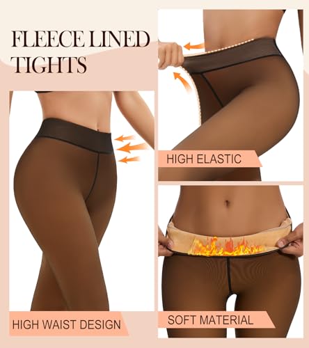 Image of Fleece Lined Tights Women,Fake Translucent Warm Pantyhose Tummy Control High Waist Leggings for Winter