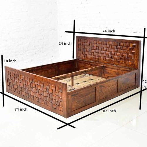 Image of CUSTOM DECOR Sheesham Wood King Size Bed with Box Storage Wooden Double Bed Cot Bed Furniture for Bedroom Living Room Home (Honey Finish)