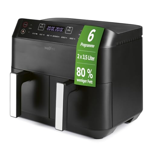 MAXXMEE Heißluft-Fritteuse Doppelkorb 7,6 Liter | Digitale Doppel Heißluftfritteuse mit zwei Kammern 2x 3,8 Liter, zeitgleiches Garen von 2 verschiedenen Mahlzeiten | 6 Programme [2400 Watt]