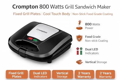 Image of Bingeserve 800 Watts Grill Sandwich Maker | Fixed Grill Plates | Cool Touch Body | Non-Stick Food Grade Coating | Dual LED Indicator | 2 Years Warranty (Black) (BINGESERVE GRILL)