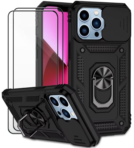 Dechyi Funda para iPhone 13 Pro Carcasa Cubierta de Cámara Deslizante Vidrio Templado con Soporte de Anillo-Negro