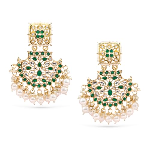 Rubans Chandbali Earrings Traditional Jewellery with Green Stone Kundan & Pearl Gift for Women & Girls