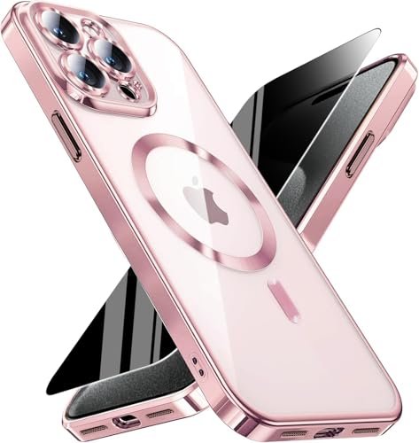 Image of Magnetic for iPhone 15 Pro Max Case with Privacy Screen Protector & Full Camera Cover,[Non-Yellowing] Plating Glossy Soft Shockproof Clear Phone Case with MagSafe Women Girls for 15 ProMax,Pink