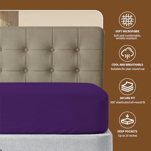 Image of HBHLFZ King Fitted Sheet Only, Soft Breathable Bottom Sheet - 78 inchx80 inch Deep Pockets King Size Fitted Sheet - All Around Stretch Fit, Wrinkle Resistant, Colorfast - Easy Care, Purple