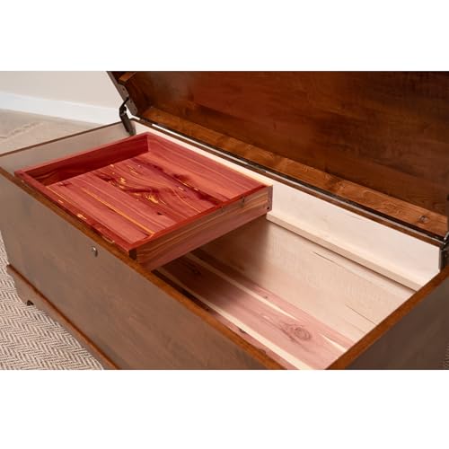 Image of Rustic Red Door Co. Cedar Hope Chest with Waterfall Top and Tray, Amish Made Wooden Storage Trunk Box for Bedroom, Blanket, Clothes, Anti-Slam Hinges and Lock, Brown Maple Wood, Asbury Stain, 36 inch Long
