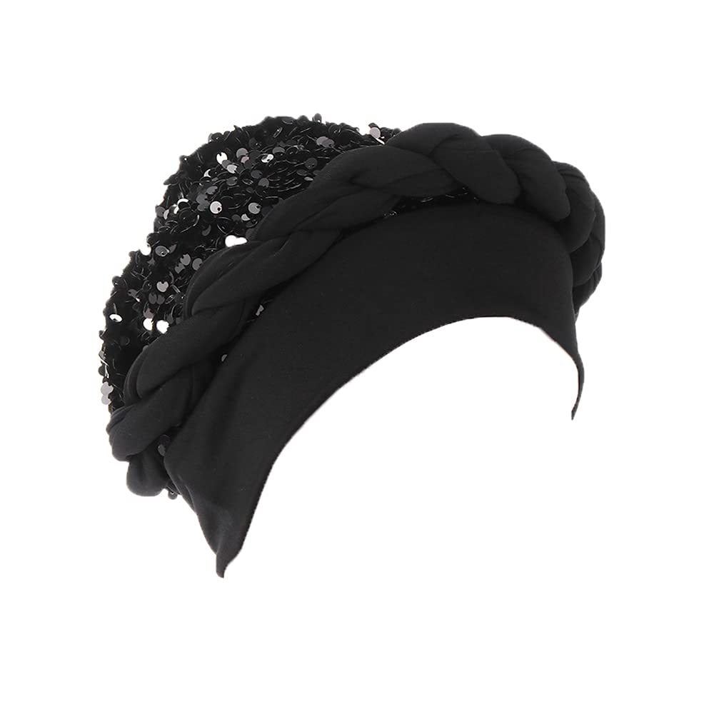 JDYaoYing Twisted Braid Turban Sequins Headwear for Women Headwrap Beanie Cap Hair Cover Hat Black