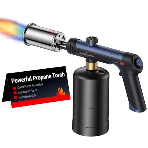 ThermoMaven Antorcha de propano con fuego máximo de un solo toque, pistola de soplete con bloqueo de seguridad, lanzallamas para encendedor de carbón, cabezal de antorcha de cocina para parrilla, Sous
