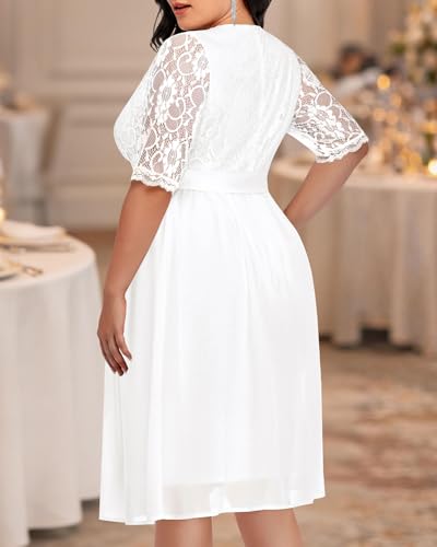 Image of Pinup Fashion Plus Size Lace Chiffon Wrap V Neck Dresses Women Cocktail Wedding Guest Midi Dress