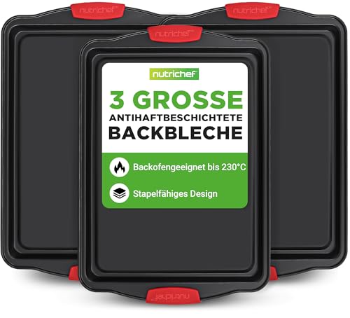 NutriChef Backblech Set 3-teilig – Antihaft, 44×30 cm, stapelbar, mit Silikongriff ofenfest bis 230 °C, aus Karbonstahl, PFAS-frei, für Cookies, Pizza und Ofengemüse, spülmaschinenfest, Rot/Schwarz