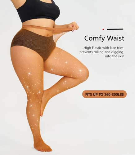 Image of Plus Size Fishnet Tights Sparkle Stockings Glitter Pantyhose High Waist Fine Mesh Stockings Value Pack of 2