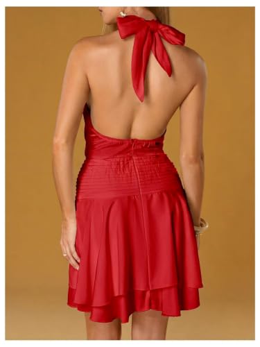 Image of Floerns Women's Summer Mini Dress Sleeveless Halter Backless Ruched Date Night Layered A Line Dresses