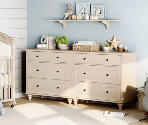 Image of WAMPAT Kids Dresser with 6 Drawers, Baby Dressers with Wide Chest of Drawers, Mid Century Modern Wooden Closet Storage Organizer, Large Wood Dressers for Bedroom, Nursery, Hallway, Beige, 68 inch