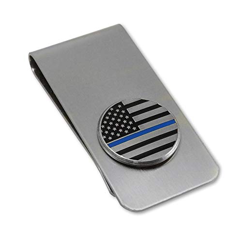 THIN BLUE LINE Stainless Money Clip with Nickel Silver Emblem Made in USA
