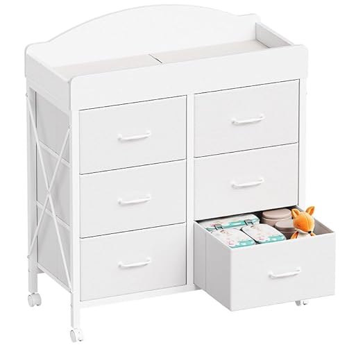 Yetom Baby Changing Table Dresser with Wheels, 6-Fabric Drawer Baby Dresser with Changing Table Top, Waterproof Diaper Changing Station & Pad, Mobile Storage Unit, Compact Baby Furniture, White