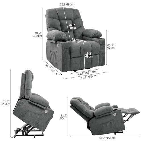 DWVO Power Lift Recliner Chair with Massage & Heat, Modern Fabric Recliner Chair, Spacious Fabric Seat, USB Ports, Cup Holders & Remote Control for Living Room, Dark Gray
