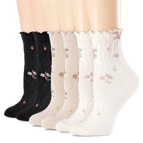 Image of Womens Ruffle Crew Socks Vintage Patterned Ankle Casual Fashion Dress Sock Cute Lettuce Floral Socks 5 /6 Pack