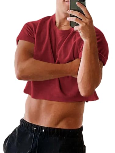 Karlywindow Mens Cropped Tank Top Short Sleeve Print Cotton Crop T Shirt Hot Shirts Red