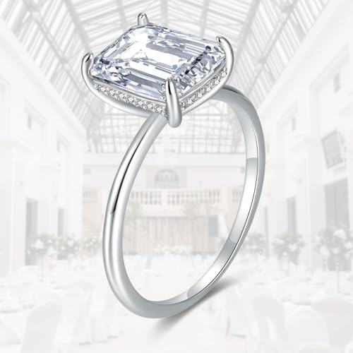 4ct Cubic Zirconia Engagement Rings For Women Promise Ring 14K Gold/Silver Plated Sterling Silver Emerald Cut CZ Wedding Band Size 5-102