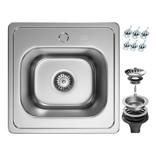 ANW HOME Fregadero Cocina 1 Seno, Fregadero Cocina Acero Inoxidable Sobre Encimera 38x38 cm, Plata, Acabado Satinado, Espesor 1 mm, con Sifón