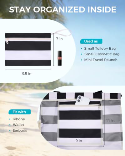 Image of WANDF Beach Bags for Women, Large Waterproof Sandproof Beach Tote Bag with Zipper Family Pool Bags with 40oz Tumbler Pocket, Swim Cruise Vacation Essentials (Black)
