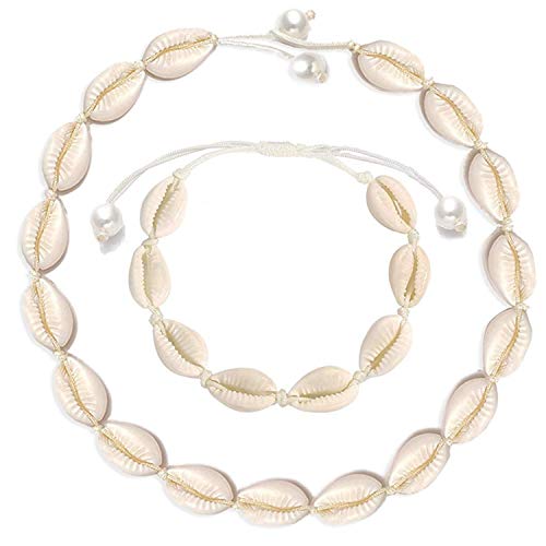 Natural Shell Necklace Bracelet Anklet Set, Handmade Adjustable Pearl Buckle Summer Boho Hawaii Beach Seashell Choker Jewelry Gift for Women Girls