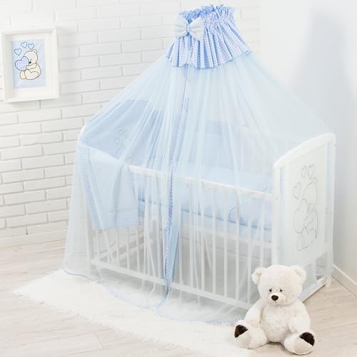Generisch Juego completo de ropa de cama de bebé de 10 piezas, 100 % algodón, diseño de oso de peluche bordado con corazón azul (60 x 120 cm)