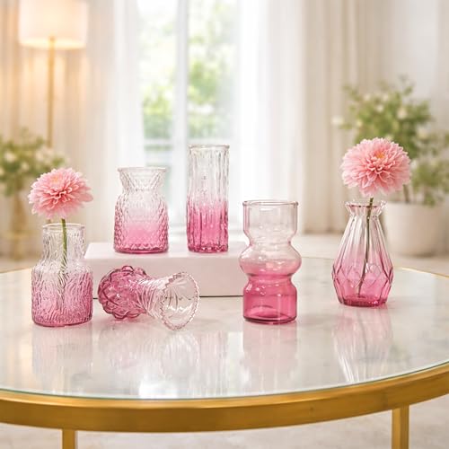 Best Decorative Vases: Glass vs Ceramic 44 Pink Glass Vase Set of 6 – Decorative Embossed Gradient Flower Va...