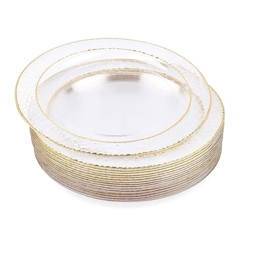 MATANA 20 Premium Clear Plastic Dessert Plates with Gold Rim 19cm / 7 Inch - Elegant & Reusable Small Side Plates Starter Plates for Weddings Birthdays Picnic Parties