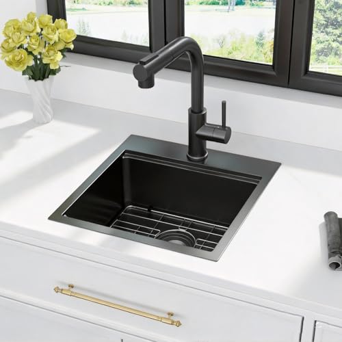 Image of Kichae Black Drop In Bar Sink- 18x18 Small Overmount Topmount Stainless Steel RV Sink Single Bowl Ledge Workstation Bar Prep Handmade Basin