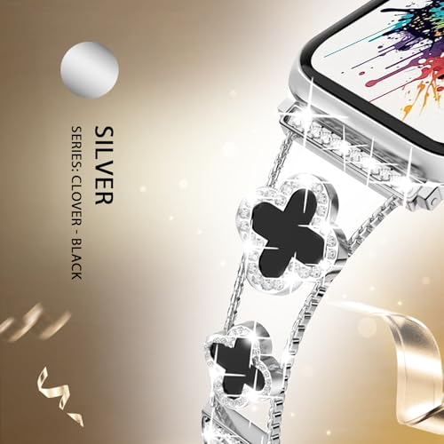NYENEIL Compatible with Apple Watch Ultra Band 38MM 40MM 41MM 42MM Series 10 9 8 7 6 5 4 3 2 1 Smartwatch wistband Bracelet Strap Lucky clover Bracelet iWatch Band for Women Silver/Black - image 5