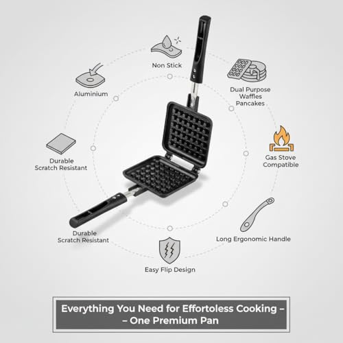 Image of Aluminium Stick-Free Waffle Maker & Pancake Pan | Gas Stove Compatible | Non-Stick Double-Sided Pan with Long Handle for Easy Flip Cooking at Home & Restaurant