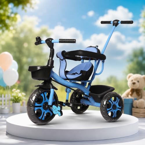 Image of MEA Kids Tricycle with Parent Push Handle for Toddlers|Baby Trike with Safety Guard Rail, Comfortable Cushioned Seat, Storage Basket & Footrest|Ride-On Cycle for Boys & Girls (Blue) (Without Canopy)