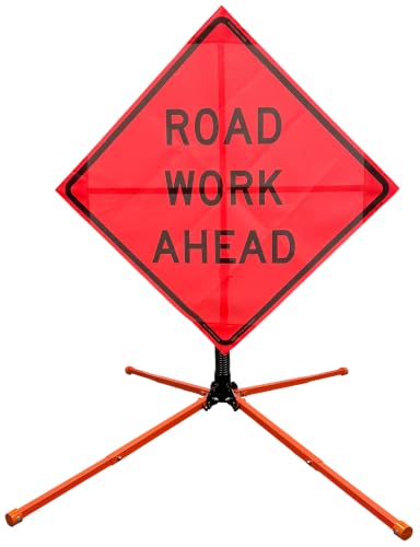 Image of OrangeGear 36 inchx36 inch Road Work Ahead Mesh Sign & Steel Spring Stand | MUTCD TTC compliant orange mesh roll-up sign kit with fiberglass cross ribs and single-spring steel stand.