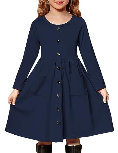 Arshiner Girl's Dresses Button Down Midi Long Sleeve Casual Sundress A-line Dress with Pockets