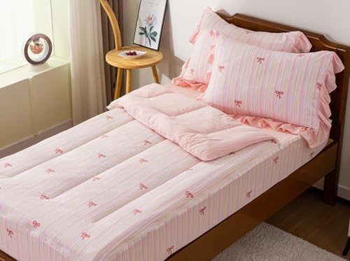 A Nice Night Zipper Bedding Pink Bow Printed on Colorful Rainbow Background Zippered Kids Comforter Set,Seersucker Chic Style Ultra Soft,Twin by A Nice Night - Used condition - Image 2