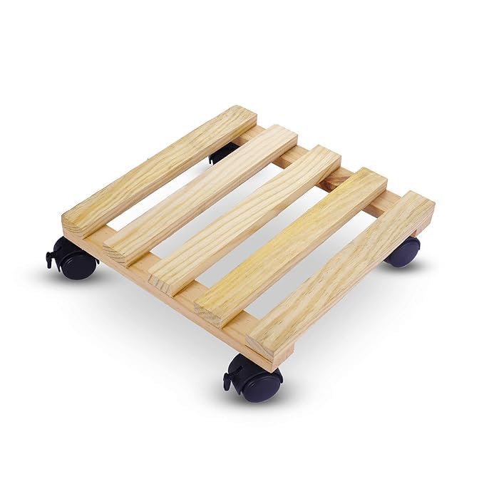 Image of UGAOO Wooden Plant Stand with Wheels | Wooden Plant Stand for Living Room | Wooden Planter Stand with Wheel | Square Rolling Plant Caddy for Indoor Outdoor Pots - 10x10 Inch (Set of 1)