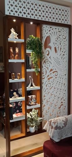 Image of MKH KRAFTS Wooden Carved Room Divider & Partition Shelf Handcrafted Multifunction Room Separator Wall Panel with Storage Display Racks 72x48 Inch for Living Room, Bedroom Kitchen