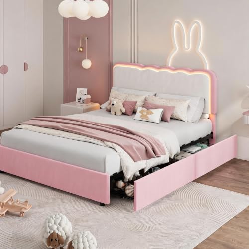 Image of Garvee Irregular Wave LED 2-Drawer Soft Upholstered Bed, Soft Padding