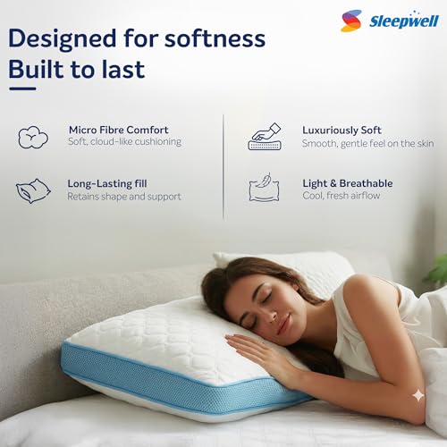 Image of Sleepwell Utsav Premium Pillow | Recycled Microfibre | Neck Support | Micro-Fibre Comfort | Medium Soft Feel | Lightweight & Breathable | Long Lasting Fill | Machine Wash | 24 x 16 Inches | Pack of 1