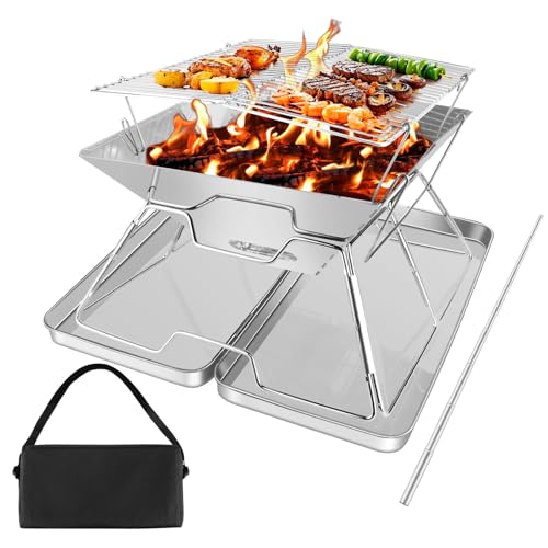 Foldable Fire Pit Grill Portable Fire Pit, Collapsible Camping Campfire Grill Set with Iron Box & Carrying Bag, Stainless Steel Folding Rack for BBQ Picnic Patio