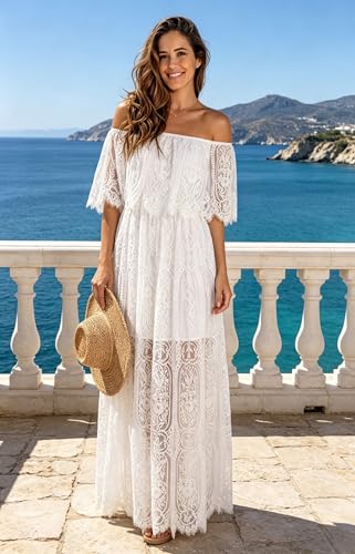 Image of Cercis Womens Off The Shoulder Floral Lace Maxi Wedding Dress Boho Flowy Wedding Guest Formal Long Dresses