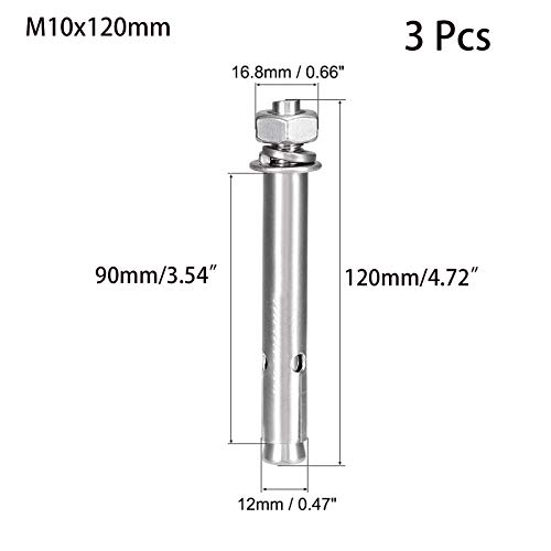 Image of 3 Pcs M10 x 120mm 304 Stainless Steel Expansion Bolt External Hex Expansion Screw Bolt Sleeve Anchor,Pool-Safety-Cover Expansion Bolts,for Concrete