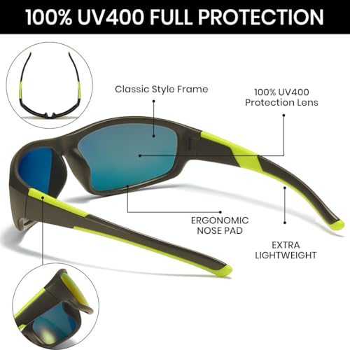 Image of PROBEROS HD Polarized Riding Sunglasses for Men - UV Protection, Anti-Glare, Stylish Riding Glasses with Case, Eyeglass Strap, Cleaning Cloth & Storage Bag (Green)