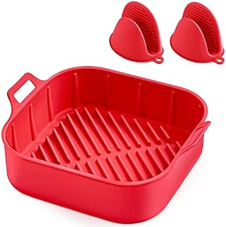 Upgraded Air Fryer Silicone Liner, HEETA Reusable Air Fryer Silicone Pot with Gloves 22cm Airfryer Accessories Compatible with Ninja/Tower/COSORI-Red (Square)